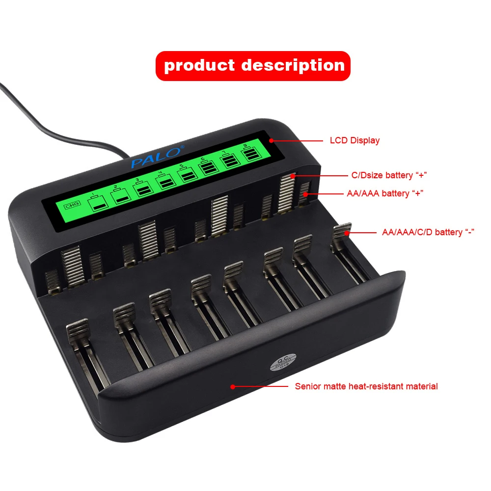 PALO-cargador de batería inteligente USB, dispositivo de carga rápida de batería recargable de tamaño AA, AAA, C y D, con pantalla LCD, para NI-CD NI-MH de 1,2 v