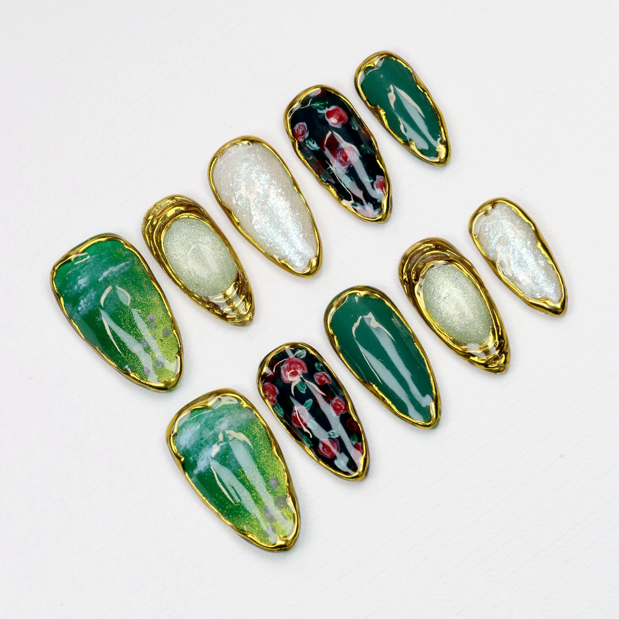 10 pezzi 3D Press Manicure Unghie finte di mandorla media Unico 3D Nuovo taglio dipinto a mano Stampa sulle unghie Design con set di lime per unghie adesive