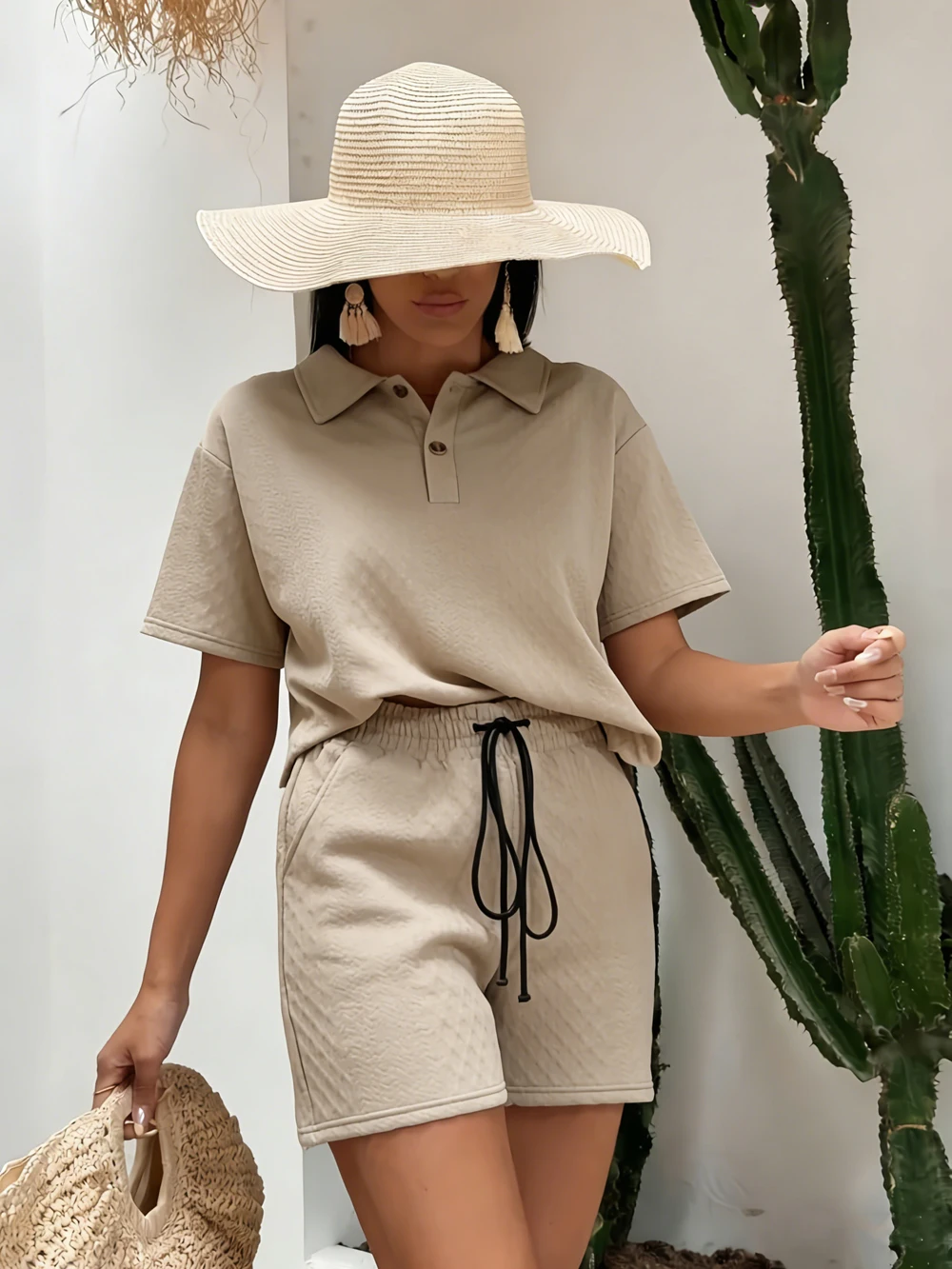 Ensembles deux pièces d'été pour femmes : T-shirts polo en maille gaufrée unie et pantalons décontractés amples à taille haute avec cordon de serrage