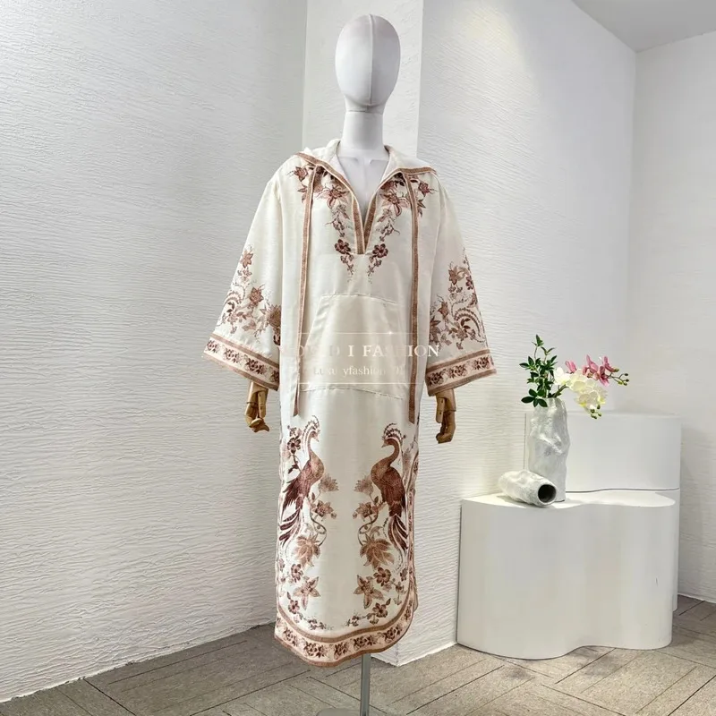 Robes d'été pour femmes, Vintage, Beige, manches longues, capuche, imprimé Floral paon, robe mi-longue ample, 2025