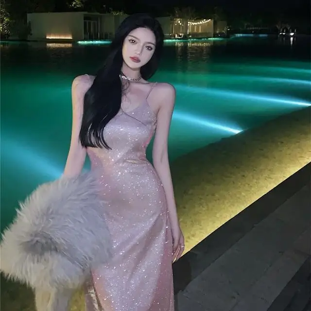 Blue enchantress shining sexy fashion high waist suspenders backless self-repair Mermaid package hip small fresh leisure dress