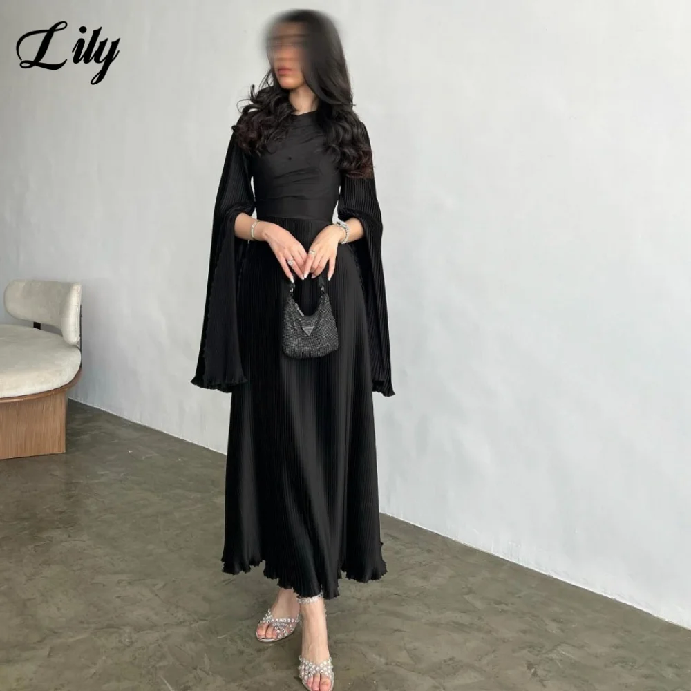 

Lily Black Elegant Prom Gown O-Neck Regular Full Sleeve Party Dress Satin Ruffles A-Line Chic Woman Evening Dresses Customized