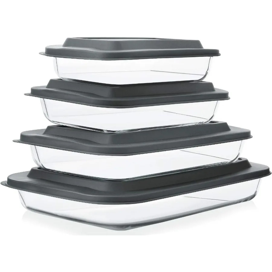 

8Piece Deep Glass Baking Dish Set with Plastic Lids for Lasagna Leftovers Cooking Kitchen Storage FreezertoOven Safe and Dishwa