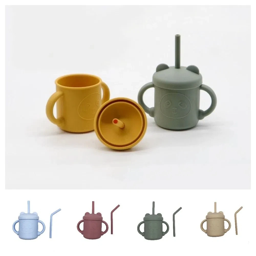 

Food Grade Silicone Baby Sippy Cups Cartoon Panda Leakproof Feeding Cup Sets Heat-resistant Drop-proof Baby Training Cup Milk