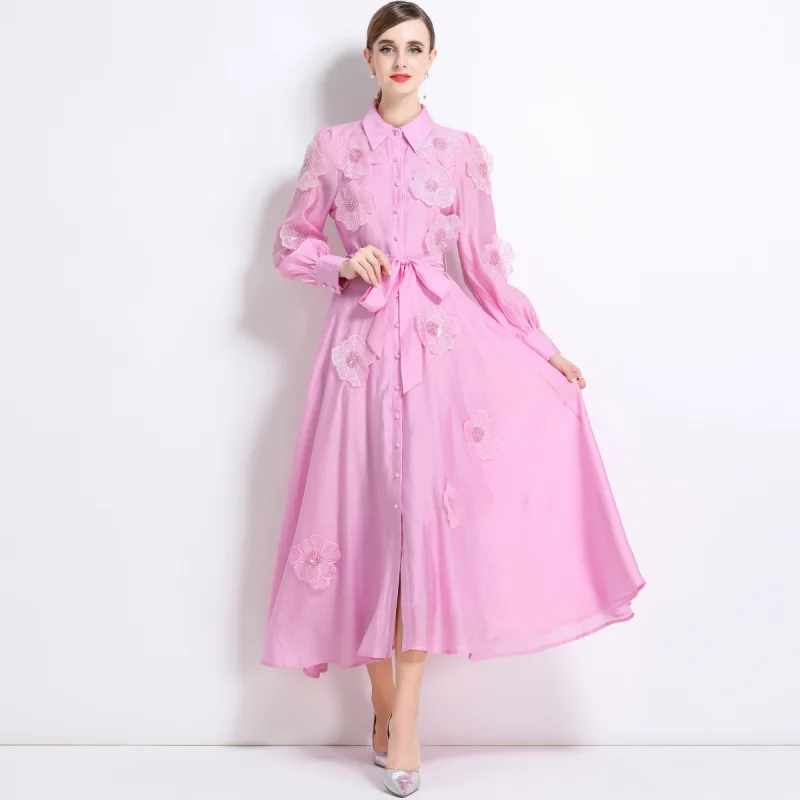 Ele Long Sve bestickter Patchwork-Stehkragen A-Linie Dr Street Sle Midi Dr. Polyester gestricktes Thiened Autum...