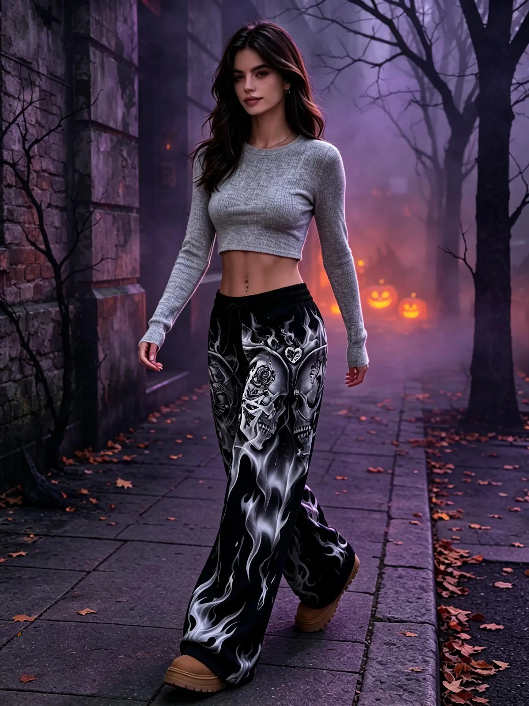 Women Halloween Witch Moon Cat Print Wide Leg Sweatpants Elastic Drawstring Waist Loose Casual Trousers With Pockets