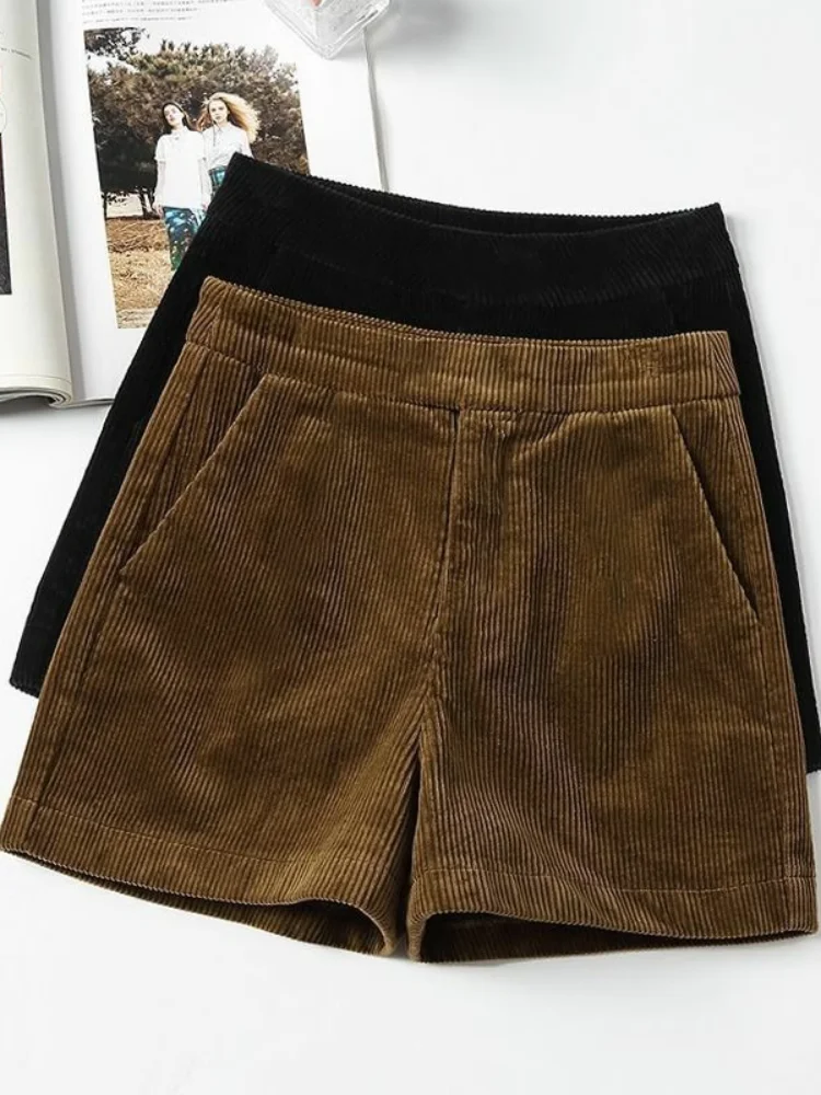 ハイウエスト肥厚フリースコーデュロイ七分丈ショーツ女性のファッション痩身カジュアル耳カバー秋冬新着