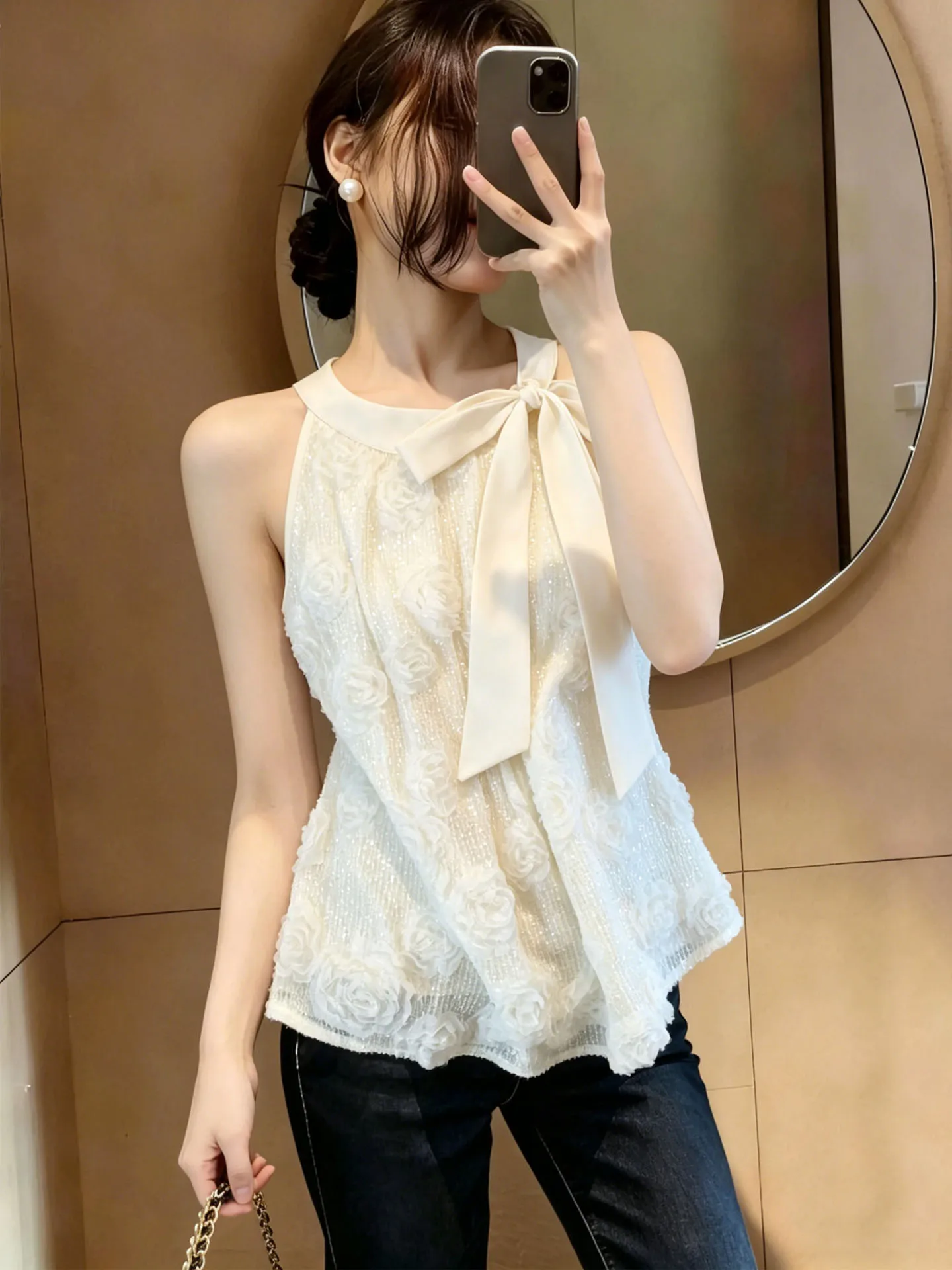

Elegant Summer Off-Shoulder Chiffon Top Women's Sleeveless Vest Style Doll Shirt Necktie Floral 3D Embellished Breathable