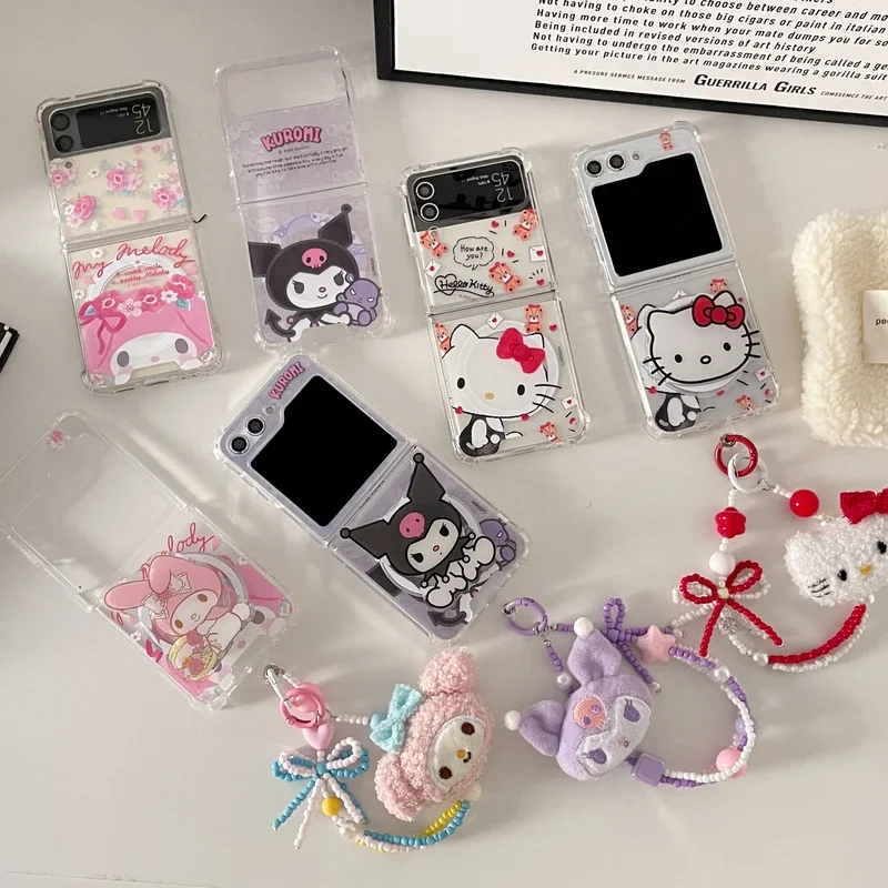 Sanrio Hello Kitty Kuromi Melody Magnetic Holder Magsafe Wireless Charge Phone Case For Samsung Galaxy Z Flip 5 4 3 Hard Cover