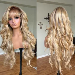 Light Honey Blonde with Icy Highlights Lace Part Wig with Bangs Big WAvy Soft Synthetic Lace Front Wig Fringe Natural Wig Women