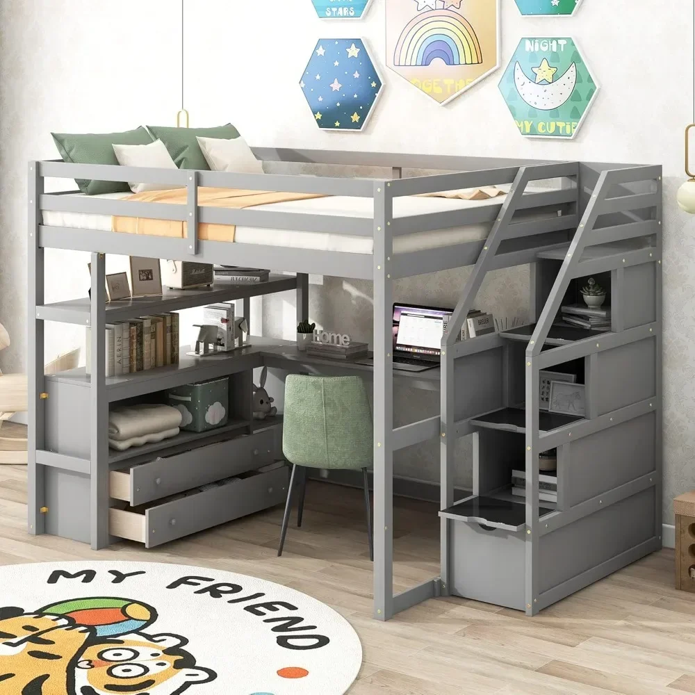 

Stairway Full Size Loft Bed with L Shape Desk, Shelves, Two Tier Drawers and Storage Staircase for school dormitory (Gray)