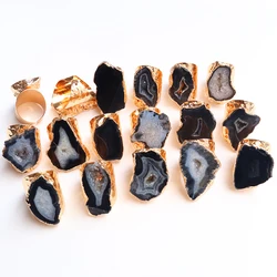 Irregular Geode Stone Agate Slices Open Ring Unisex Black Color Boho Resizable Finger Jewelry