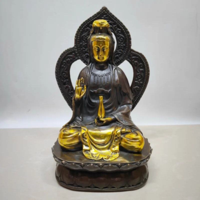 Antique Brass Gilt Guanyin Bodhisattva Statue - Home Buddhist Altar Offering Ornament, Exquisite Religious Craft Collectible