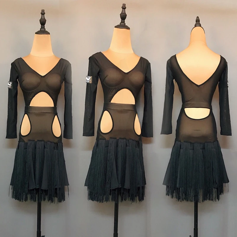 

Sexy V-Neck Latin Dance Dress Women Black Long Sleeve Fringe Dresses ChaCha Samba Rumba Performance Wear Line Dance Clothes 2048