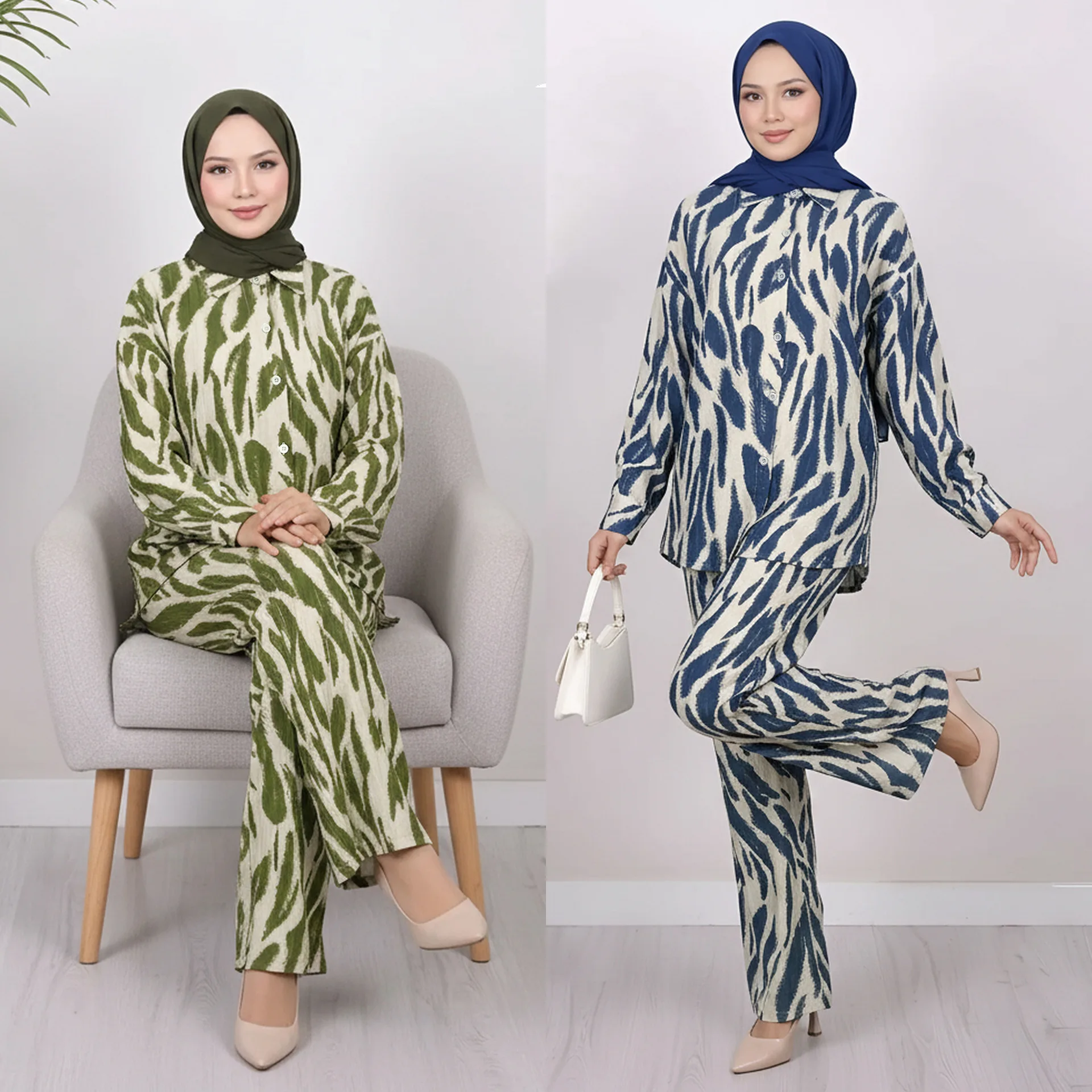 Eid Women Pants Suit Muslim Print Shirt Straight Trousers 2 Piece Set Single Breasted Top Ensemble Morocco Dubai Casual Outfits