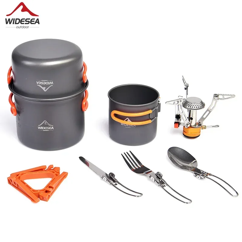 Widesea Camping Ultra-light Cookware Pots Set Foldable Gas Burner Stove Cooktop Outdoor Travel Tableware Spoon Fork Knife Picnic