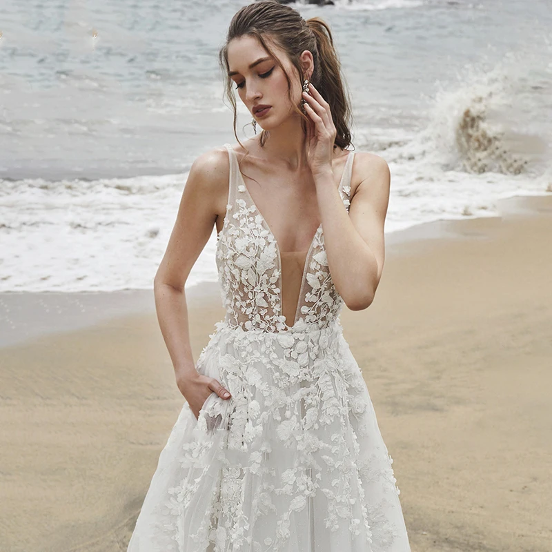 Robe de Mariée Trapèze en Dentelle et Tulle pour Femme, Photo Réelle Personnalisée, Bretelles Spaghetti, Fleurs 3D, 13123 #