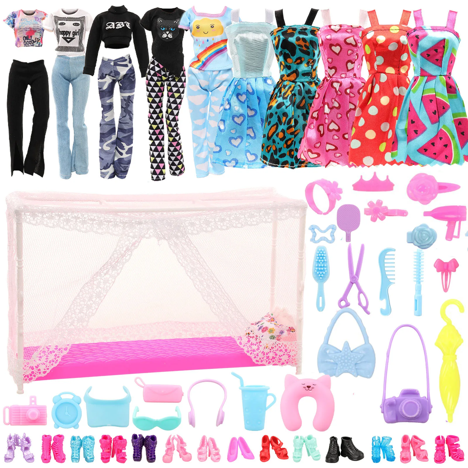 

49 Items for Barbie=1 Bed+1 Mosquito Net+1 Pillow+5 Top Pants+5 Suspender Skirts+26 Living Accessories+10 Shoes