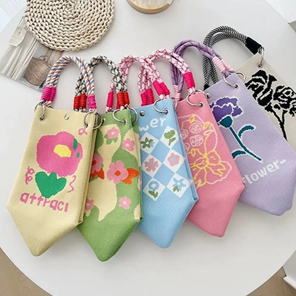 Cartoon Knitted Bucket Bag Handmade Large Capacity Shoulder Bag Woven Ring Buckle Handbag for Women Girls