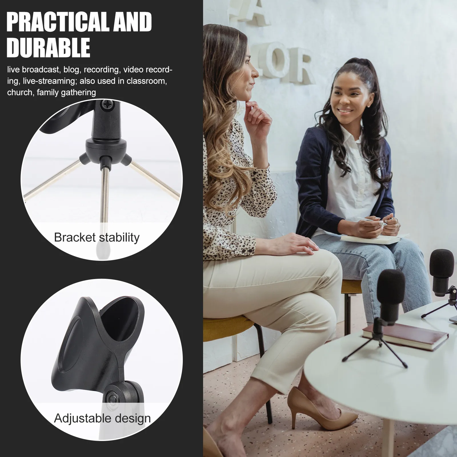 Foldable Metal Microphone Stand Desktop Tripod with Height Lock for Broadcasting, Blogging, Video Recording