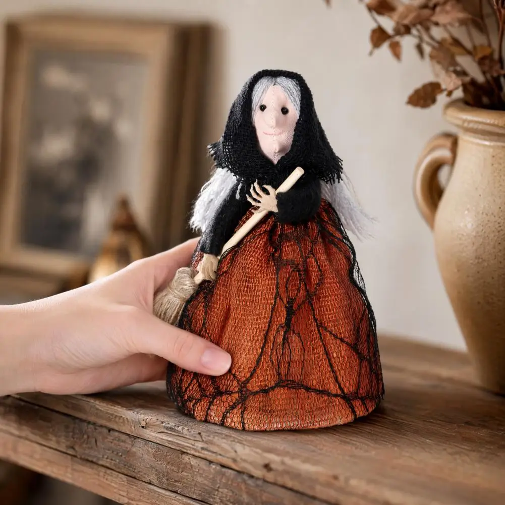 Black Gauze Witch Hat Halloween Kitchen Witch Doll with Broomstick Small Witch Statue Tabletop Decoration Holiday Party