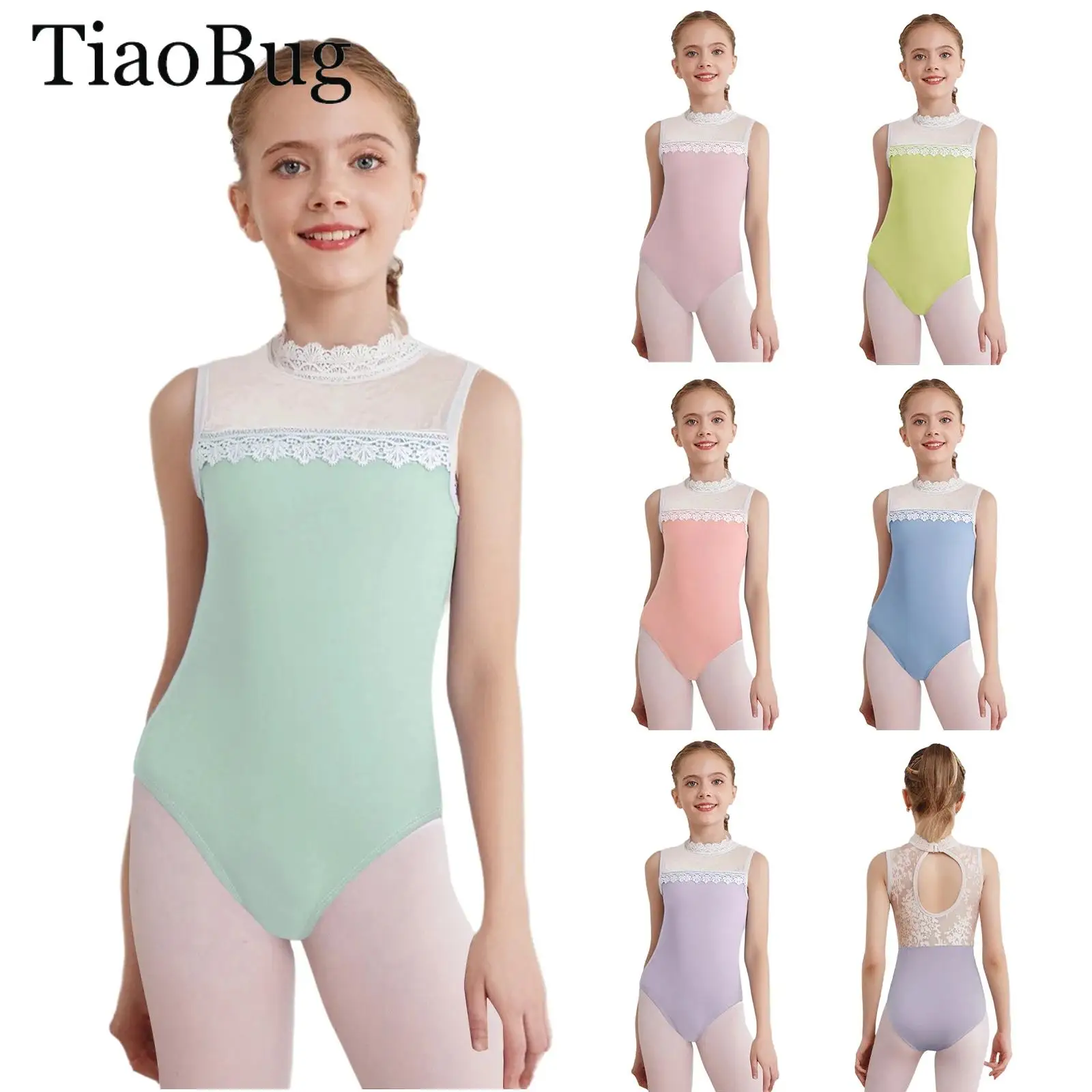 

Girls Lace Collar Dance Leotard Sleeveless Sheer Mesh Jacquard Bodysuit Unitard Gymnastics Ballet Jersey Figure Skating Costumes