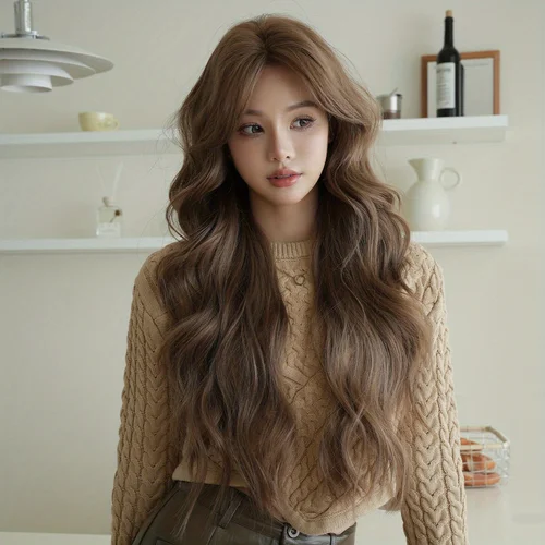 Pelucas de rutina, pelucas largas y onduladas de color marrón caramelo para mujer, peluca sintética resistente al calor de alta densidad con parte media para fiesta diaria