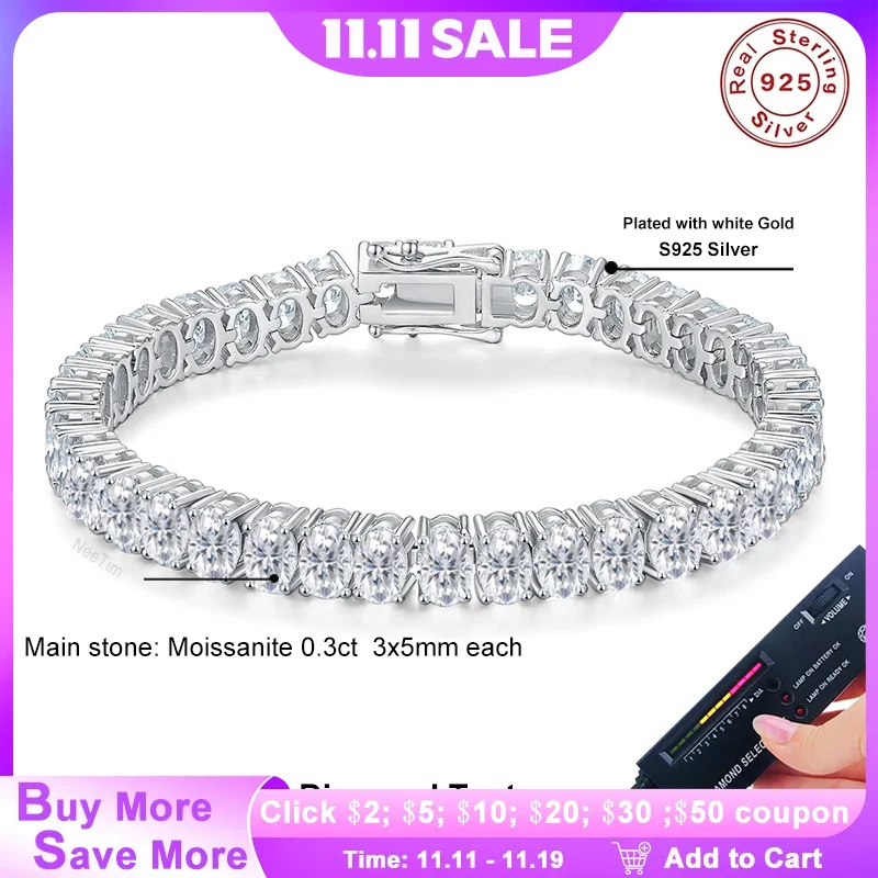 

NeeTim Теннисный браслет овальной огранки D VVS1 с муассанитом, оригинальный браслет из стерлингового серебра 925 пробы с покрытием из белого золота для женщин и мужчин