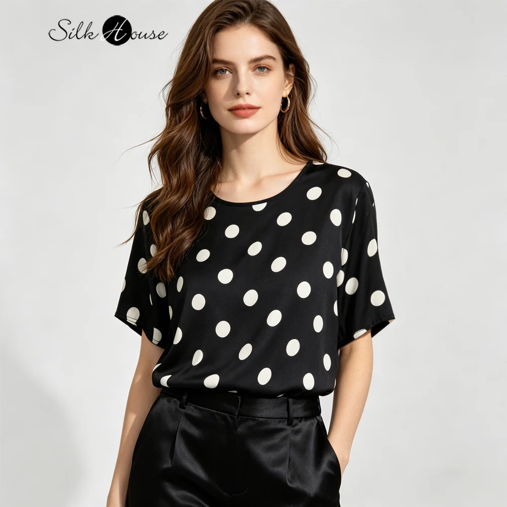 

Plus Size Women's Casual Summer New Versatile 100% Natural Mulberry Silk Twill Silk Polka Dot Round Neck Short Sleeved T-shirt