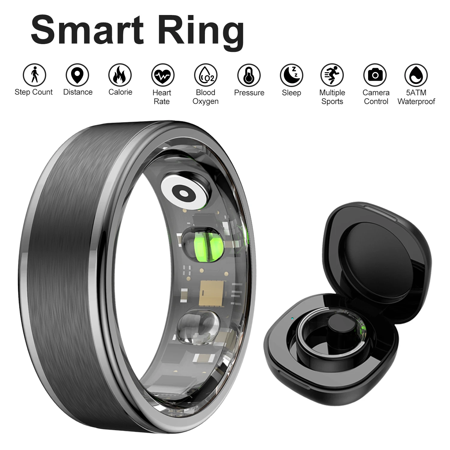 R03 Smart Ring Men Women With Charing Case,Health and Sleep Monitor,IP68 & 5ATM Waterproof,Multi-sport Mode For Andriod IOS