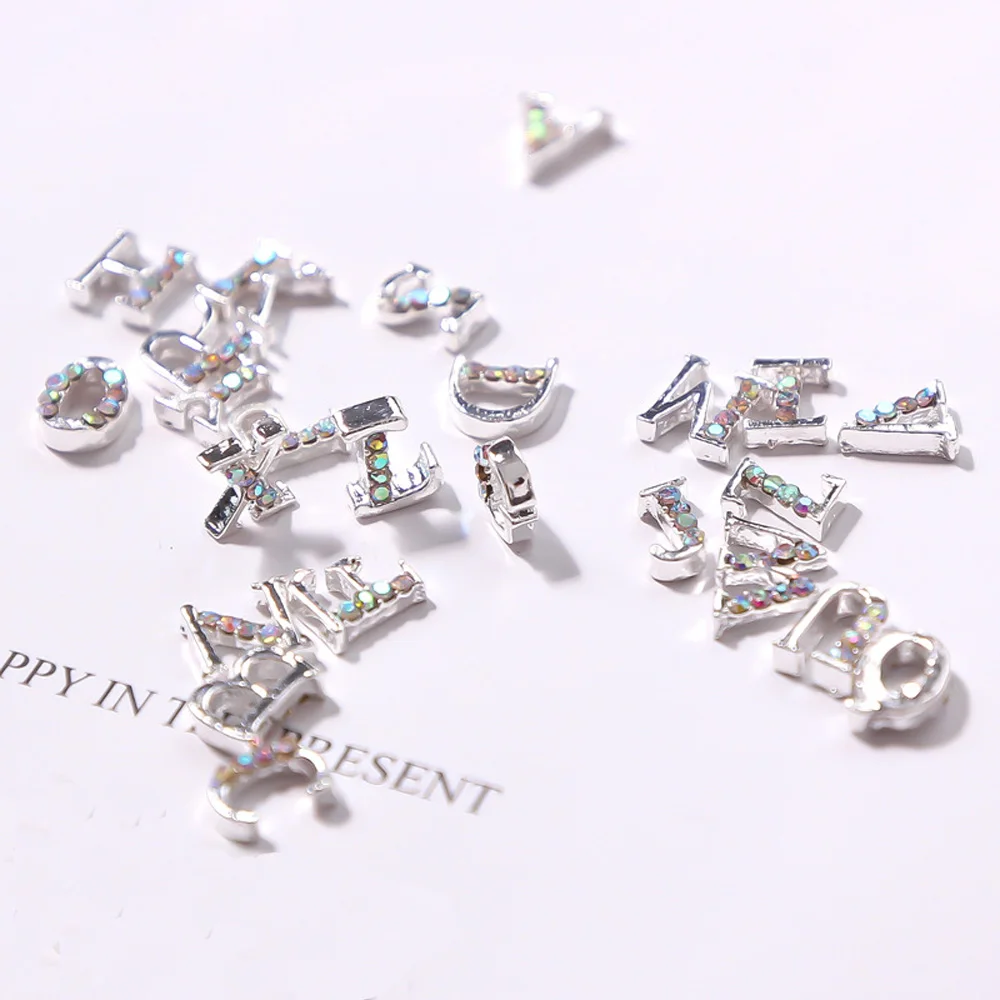 Letras del alfabeto de aleación de Metal plateado 3D para decoración de uñas, dijes para decoración de uñas, joyería DIY, 10 piezas