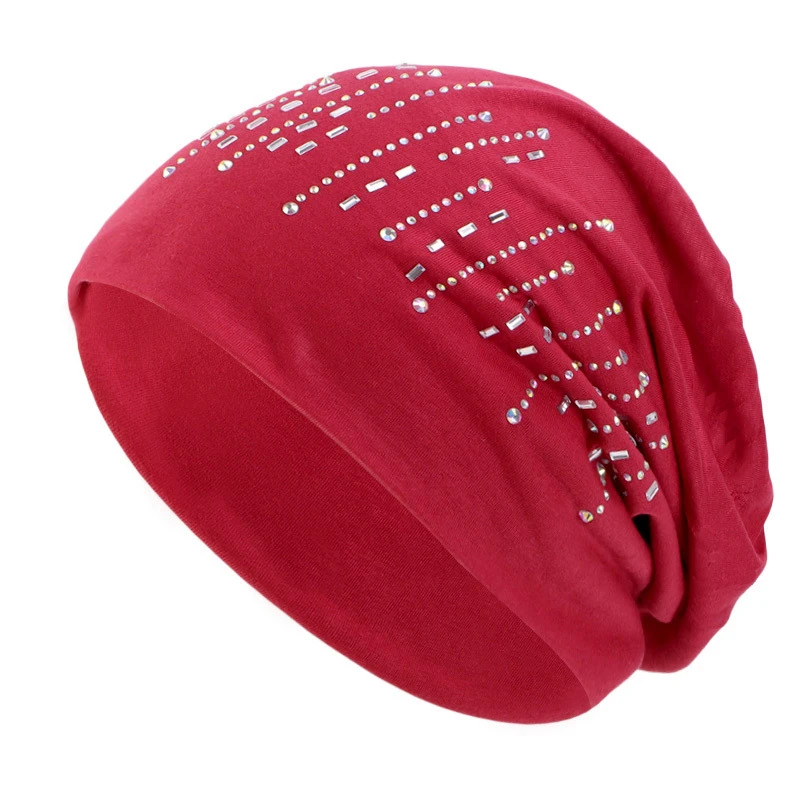 2024 New Arrival Thin Beanie Hats Women Hot Drilling Beanie Scarf Turban Head Wrap Cap Fall Winter Women Solid Skullies Bonnet