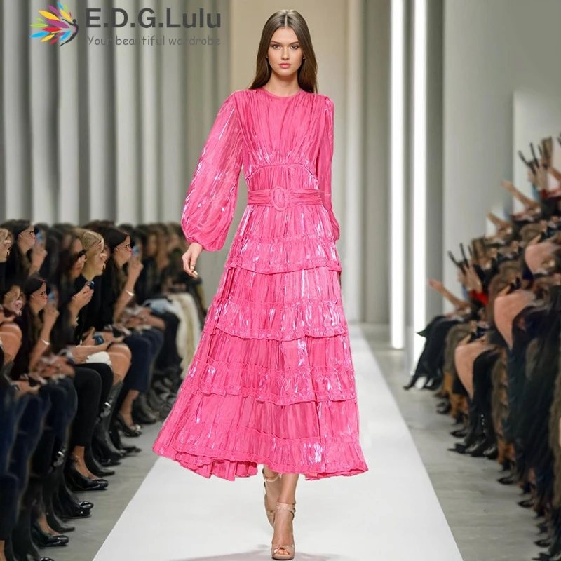 EDGLuLu Fall Clothes 2024 Women O Neck Lantern Sleeves Long Dress Elegant Loose Design Mushroom Edges Fold Pink Dress+Belt 1109