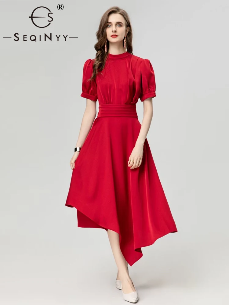 

SEQINYY Elegant Midi Dress Back Split Summer Spring New Fashion Design Women Runway High Street Pleated Office Lady Belt