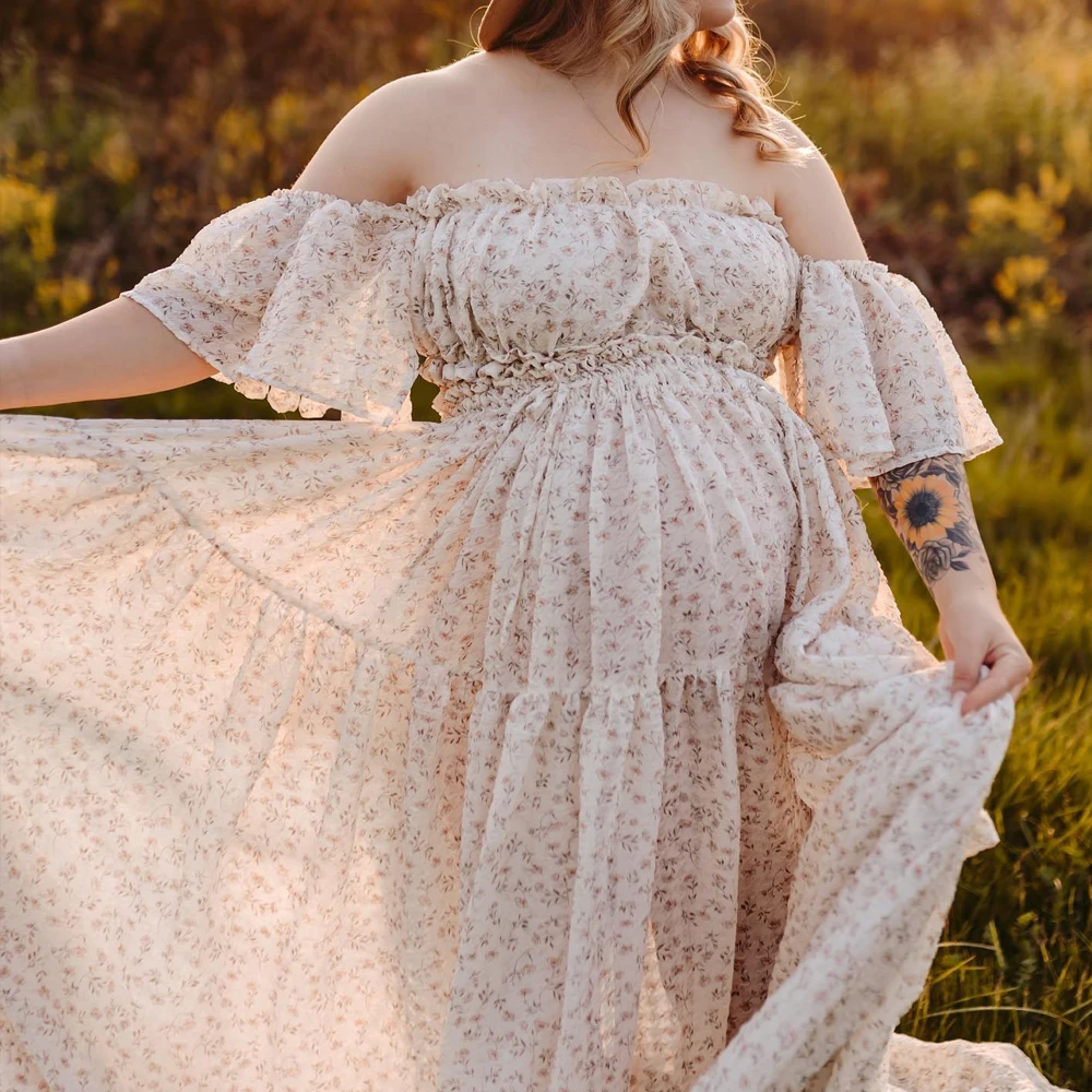 Maternity Photography Dress Elegant Floral chiffon Two-Piece Dress Photoshoot Photography Dress For Women Baby Showers