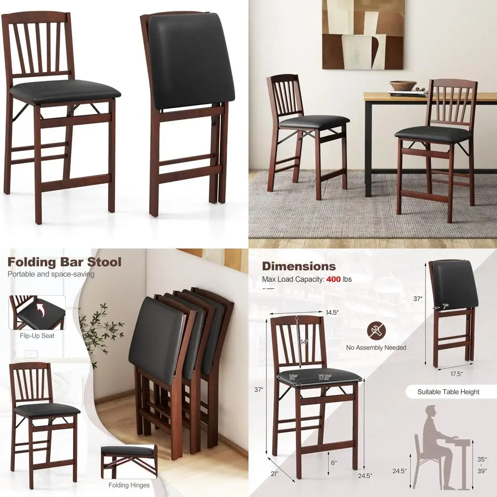 Padded Folding Kitchen Island Stool with Rubber Wood Leg and Footrest, Set of 2 Counter Height Chairs, 24.5