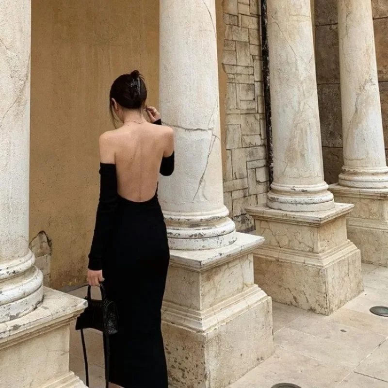 Sexy zwarte jurk zonder rug, elegante lange mouwen, off-shoulder gebreide jurk, elastische slanke lange banketverjaardagsjurk voor dames