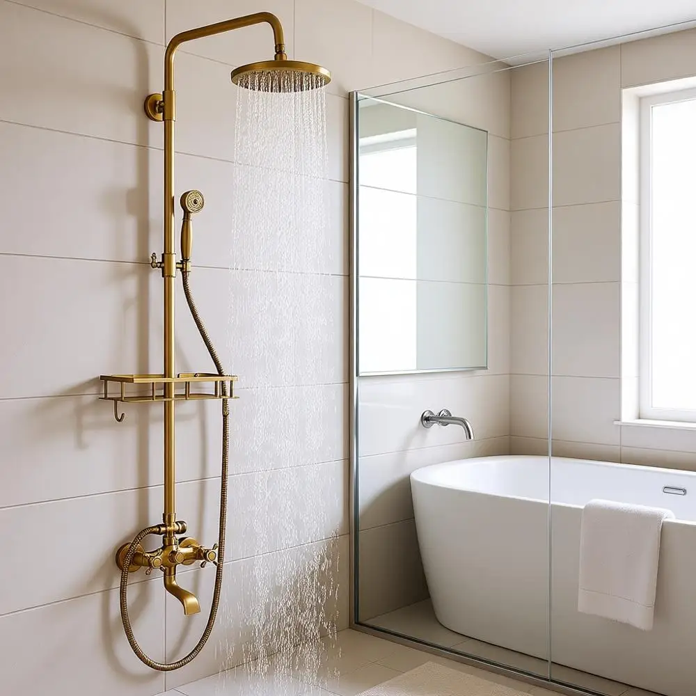 

Antique Brass Shower Fixture Bathroom Shower Set 8 Inch Rainfall Shower Handled Shower Waterfall Tub Spout Wall Mounted Outdoor