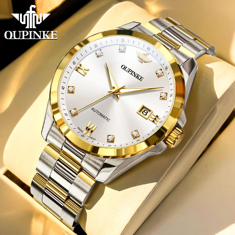 

Authentic OUPINKE 3199 True Diamond Gold Men Watch Original Swiss Automatic Movement Watch Top Luxury Brand Mature Men Watch