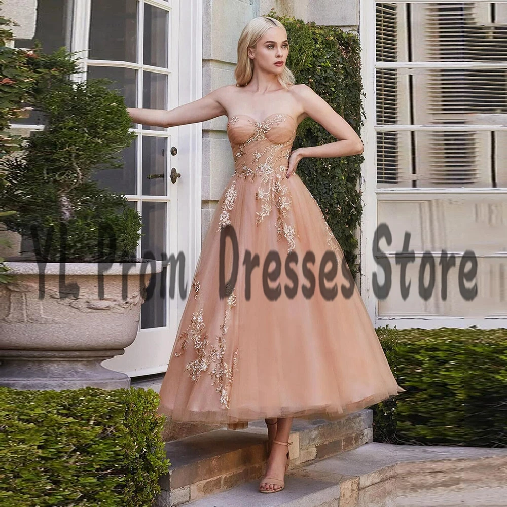 YL Champagne Midi Length Graduation Dresses A-Line Sweetheart Neck Tulle Sparly Lace vestido formal Short Prom Gowns 2022 New