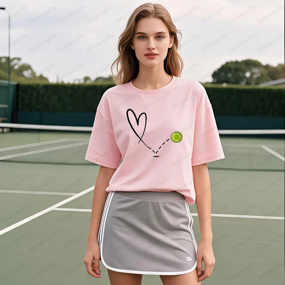 Tennis Route Heart Creative Printed T-shirt Tennis Enthusiast Women Crewneck Cotton Short Sleeve Summer Casual Daily Life Tees