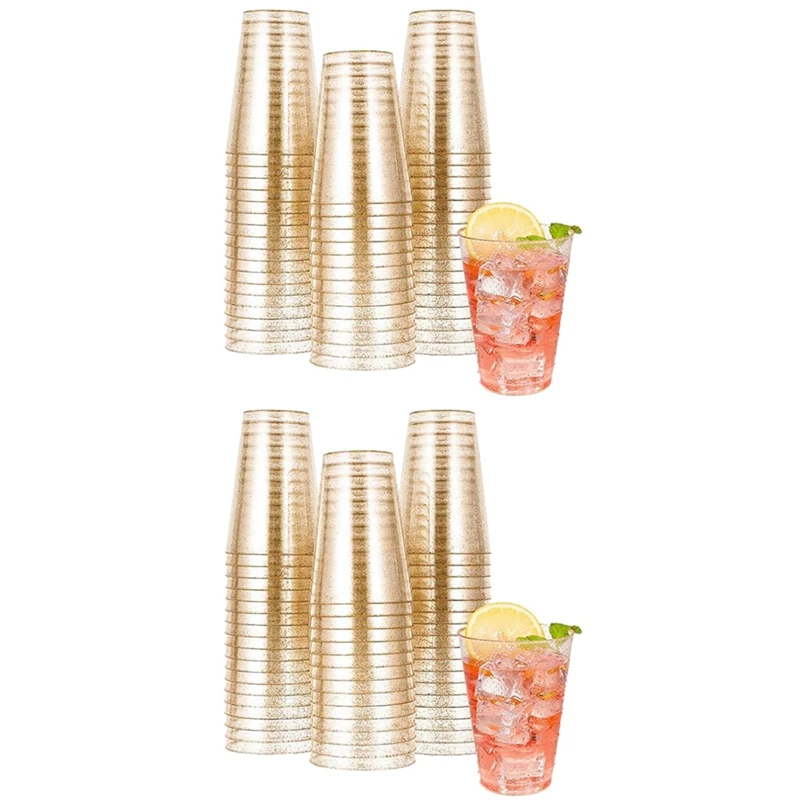 100Pcs 10OZ Gold Plastic Cups, Disposable Gold Glitter Plastic Cups, Clear Plastic Cups Tumblers, Wedding Party Cups