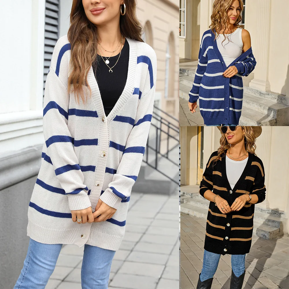 

KIDCRKJ Striped Spring Women Cardigan Contrast-Panel Single-Breasted Lady Knit Sweater Color-Blocked Minimalist Coat For Female
