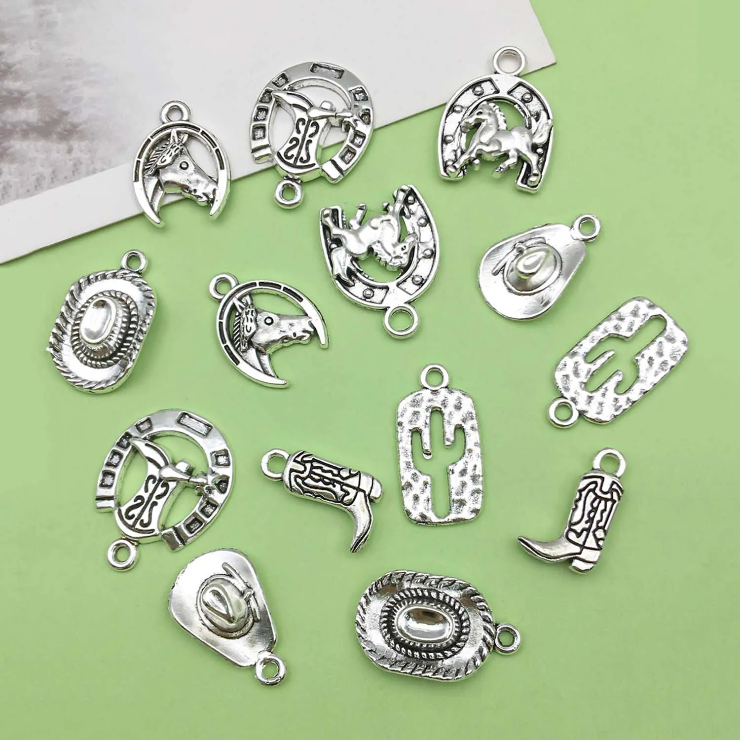 10/16pcs Alloy Antique Silvery Western Cowboy Charms Western Horse，Hat, Boot Pendants for DIY Jewelry Making Accessories