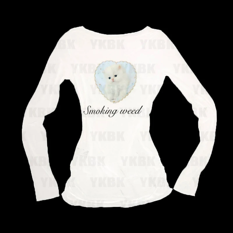 T-shirt Y2K con stampa gatto, abbigliamento donna, gotico, emo, crop top, Harajuku, grafico, manica lunga, trashy, moda anni '00, bianco