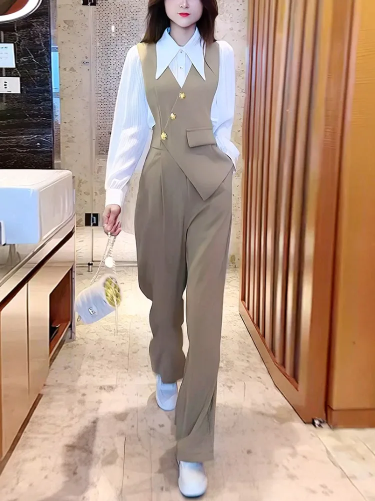 

2024 Autumn Commuter Camisole Pants 2-Piece Sets Women's Spring Slim Shirt High Waist Wide Leg Jumpsuit Office Ladies Y2k Suits