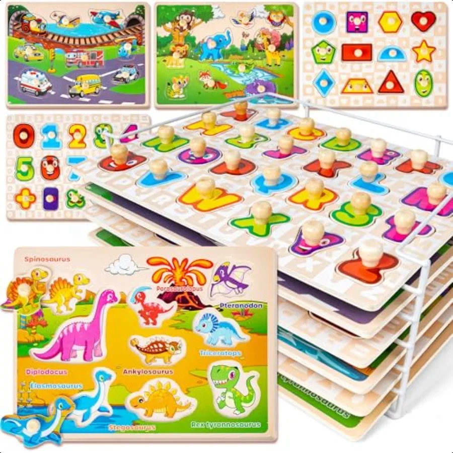 

SYNARRY Wooden Puzzles for Toddlers 13 6XSET Puzzles for Toddlers 24 with Rack Learning Alphabet Number Shape Animal Dinosaur V