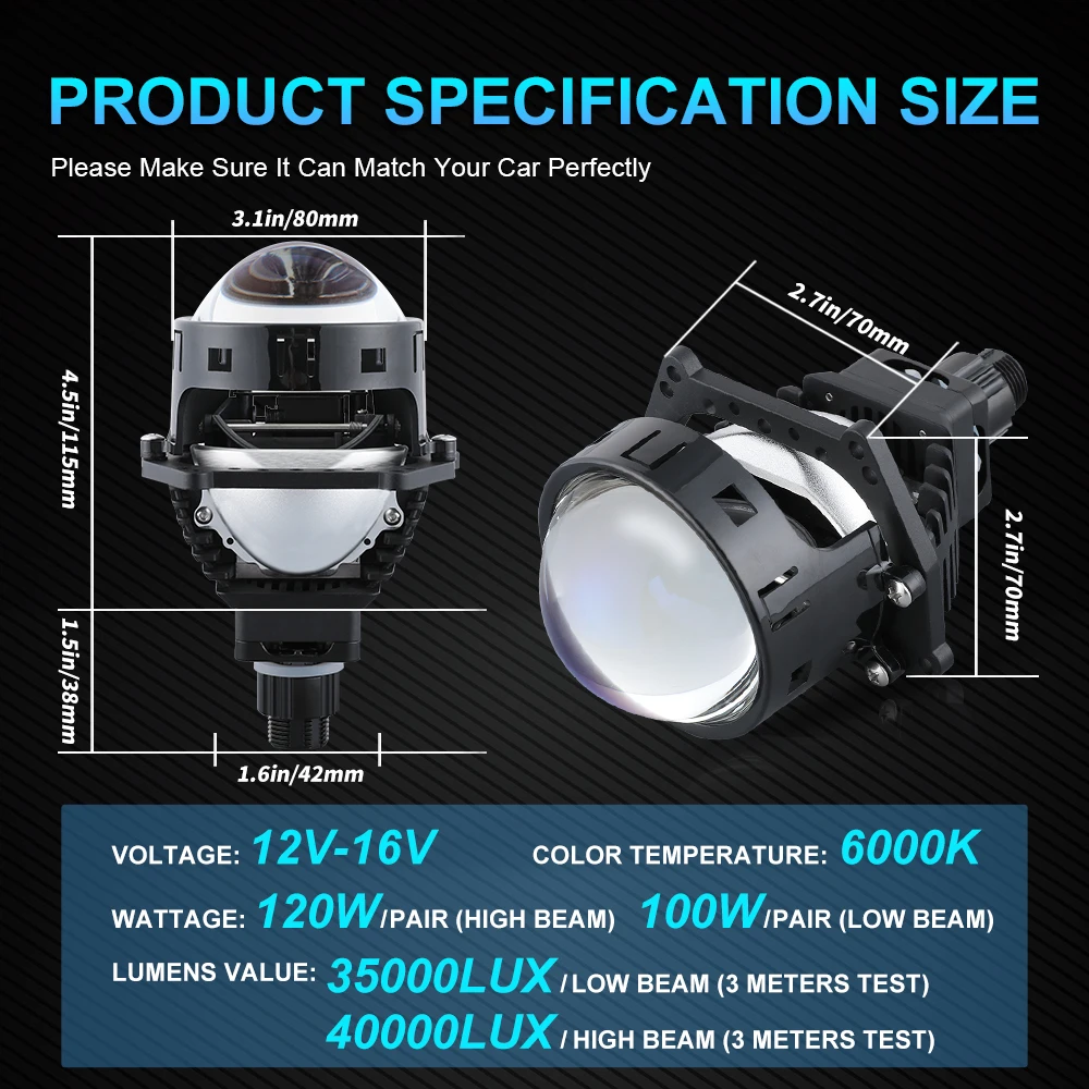 NLpearl 2pcs Bi LED Projector Lenses 3 Inch For Headlight Halo Lights For H4 H7 Audi 9005 9006 160W 50000LM High Low Beam 120W