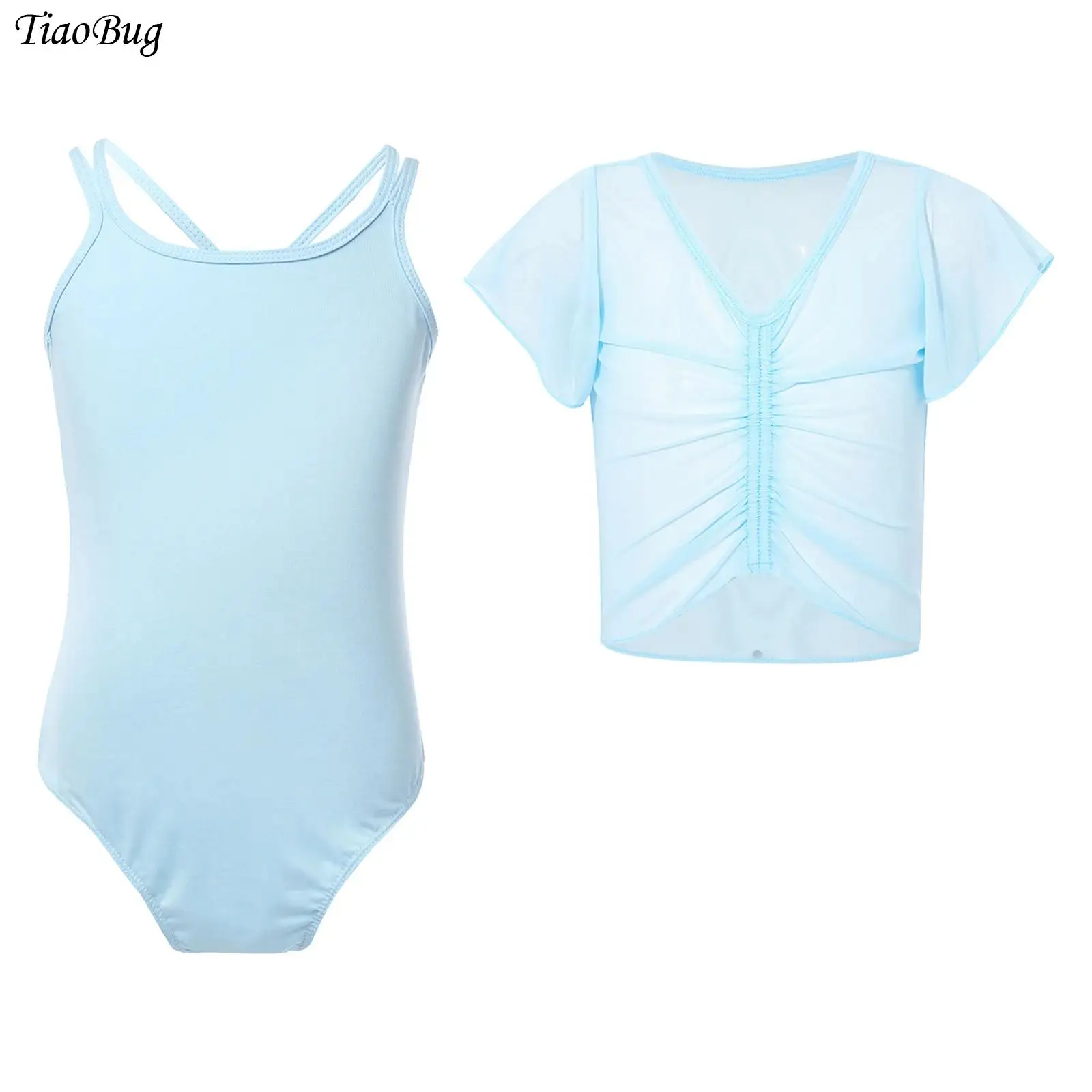

Kids Girls Ballet Gymnastics Leotard Cotton Spaghetti Strap Dance Bodysuit+Ruffled Sleeves Sheer Mesh Cardigan Crop Top Outfit