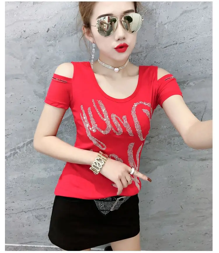 T-shirt amincissant pour femme, haut en maille diamantée, chemise sexy, artisanat de mode polyvalent, station européenne, désactivé, nouveau